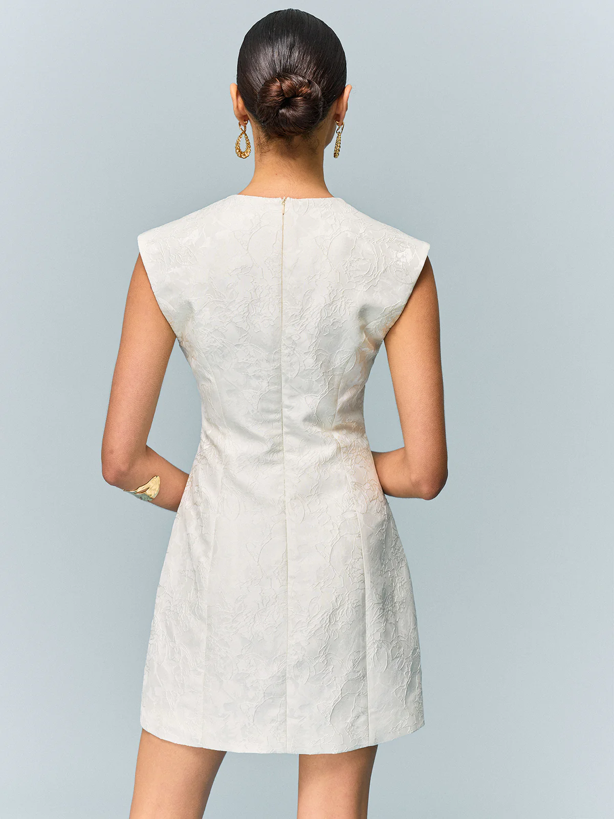 Pocketed Textured Mini Dress with Metal Button - Wholesalesil