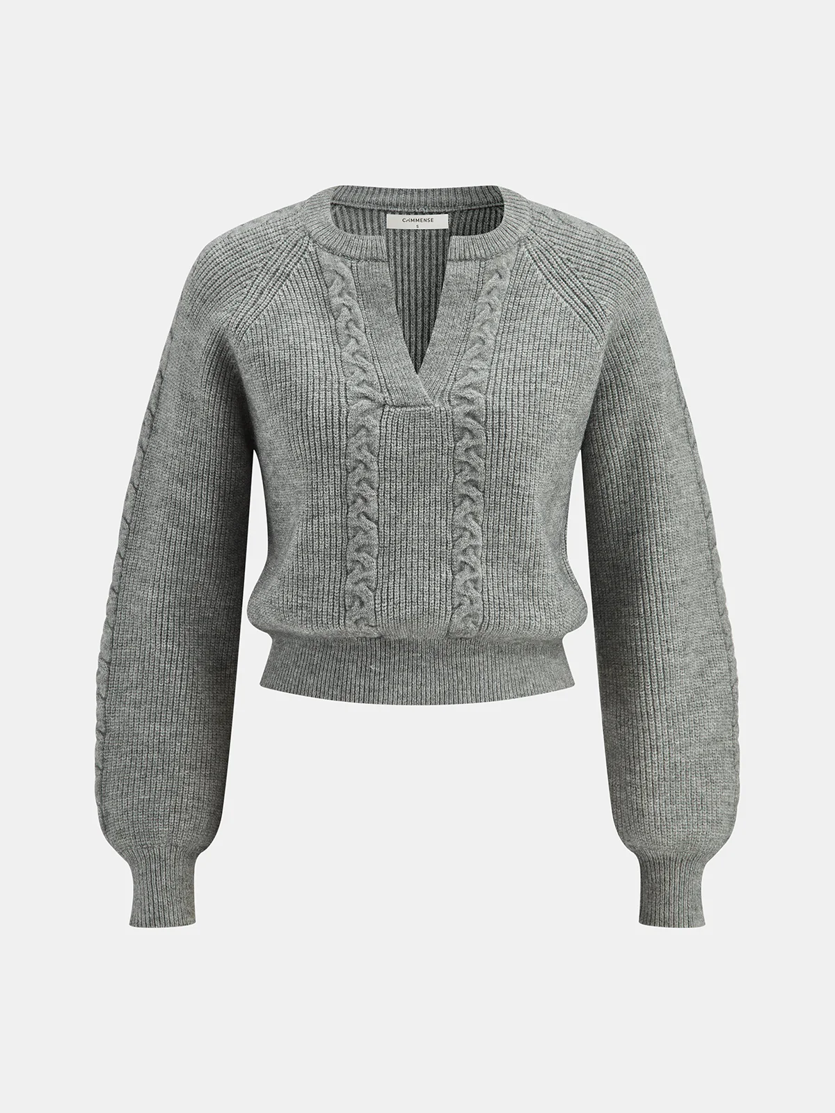Cable Knit V-neck Puff Sleeve Sweater - Wholesalesil