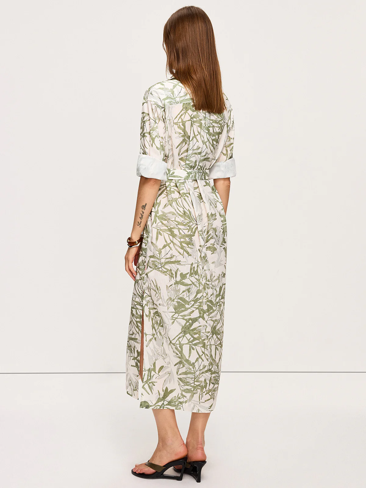 Leaf Printed  Belted Midi Dress with Slits - Wholesalesil