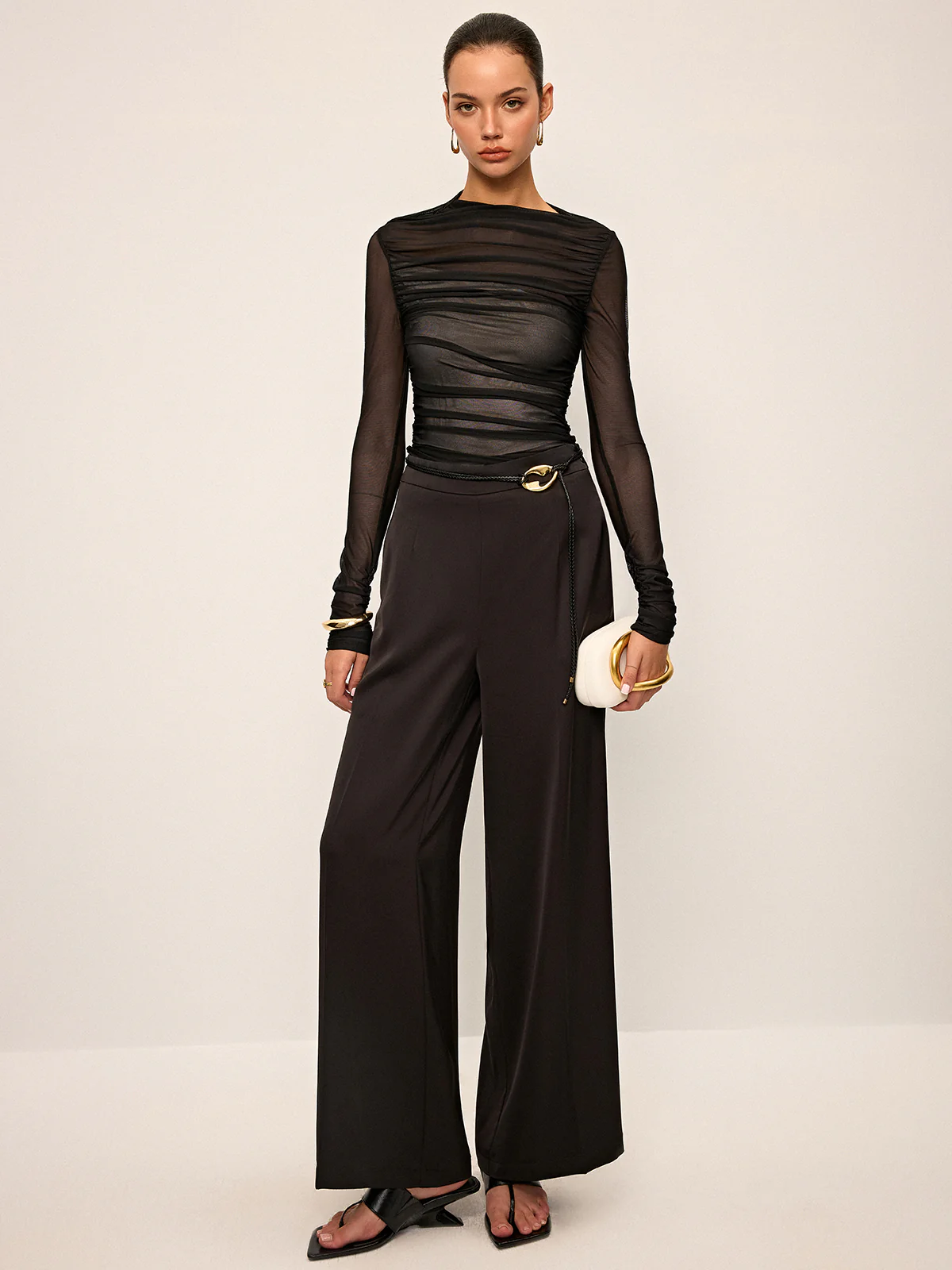 Sheer Mesh Ruched Long-Sleeve Top - Wholesalesil