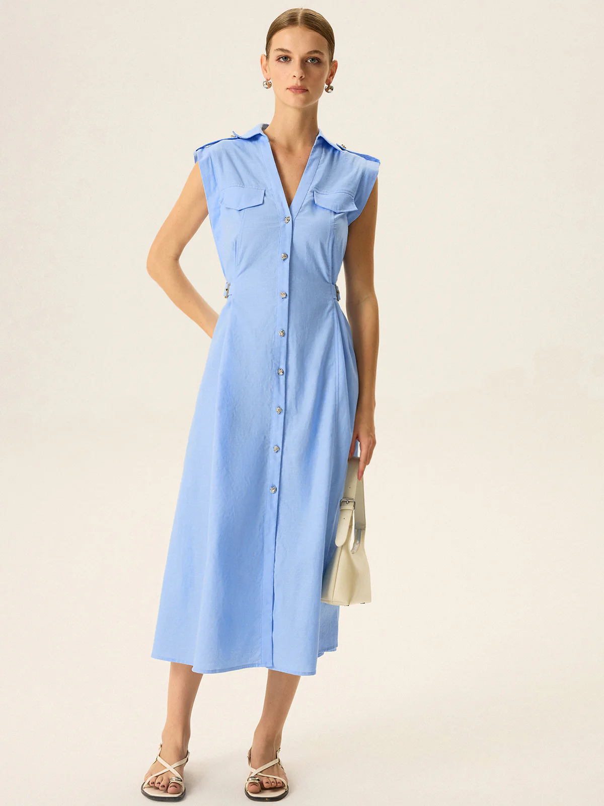 Linen & Cotton V-Neck Midi Dress with Metal Button - Wholesalesil