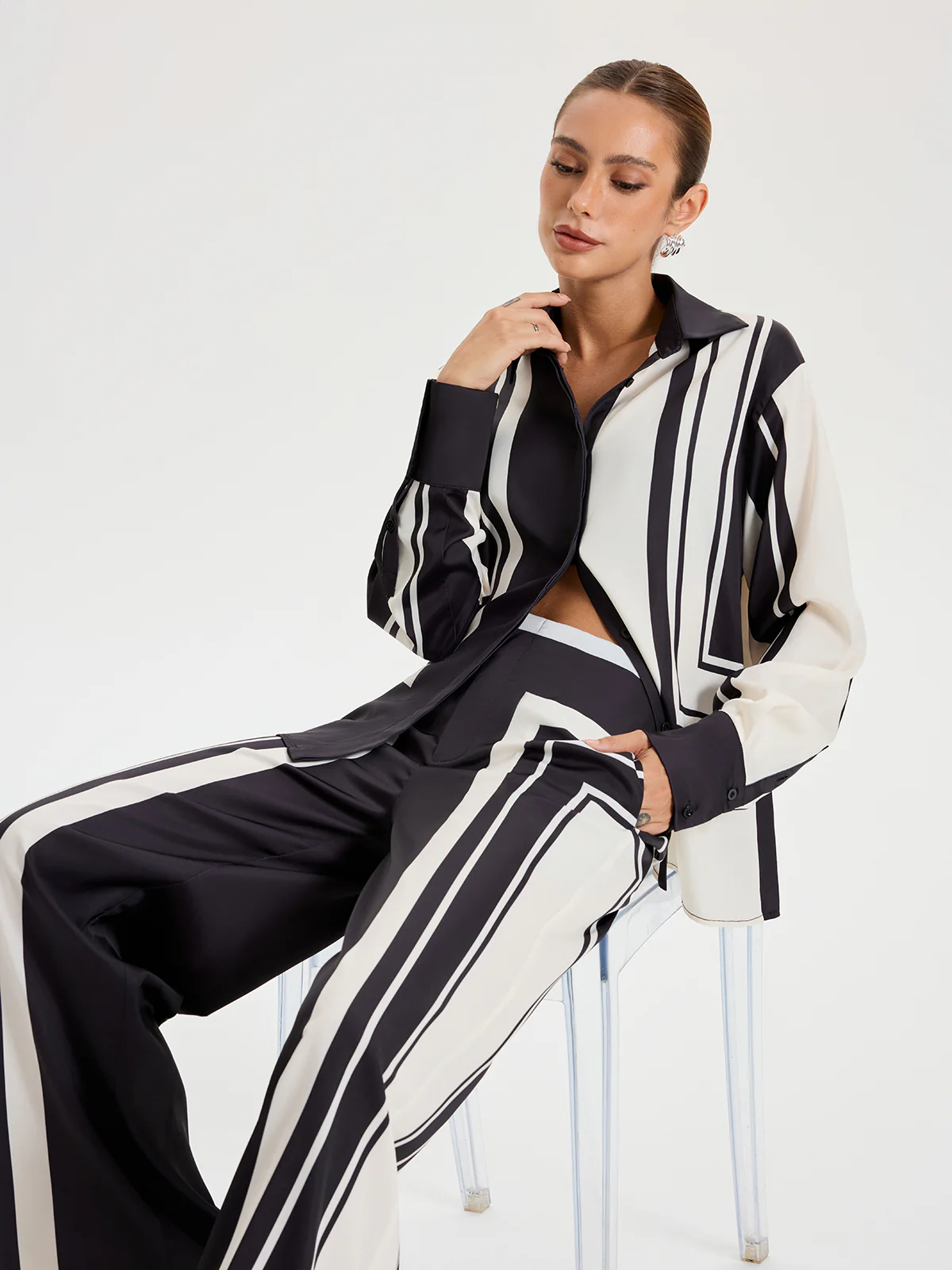 Contrast Striped Mid-Waist Wide-Leg Pants - Wholesalesil