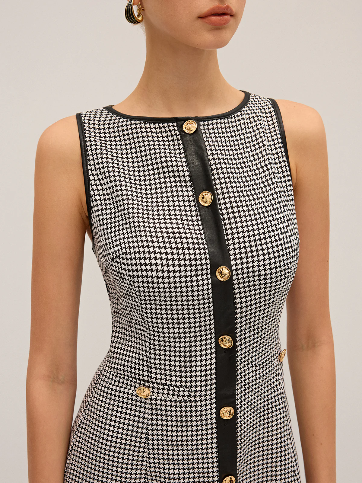 Houndstooth PU Leather Trim Mini Dress - Wholesalesil