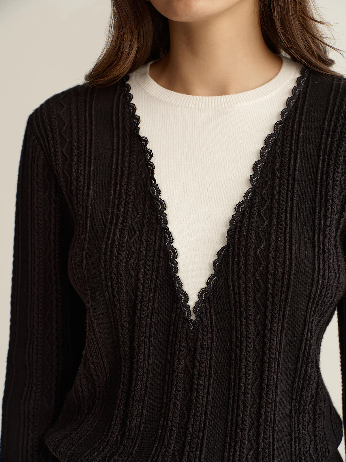 2 in 1 Lace Trim Two-Tone Sweater - Wholesalesil