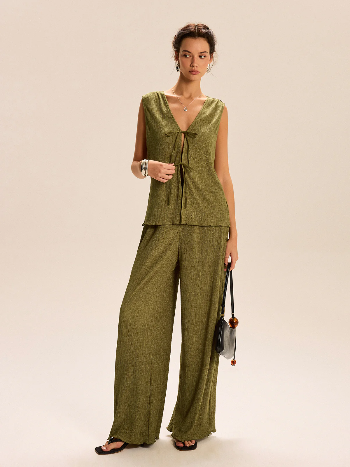 Sleeveless Tie-Front Top and Wide-Leg Pants Set - Wholesalesil