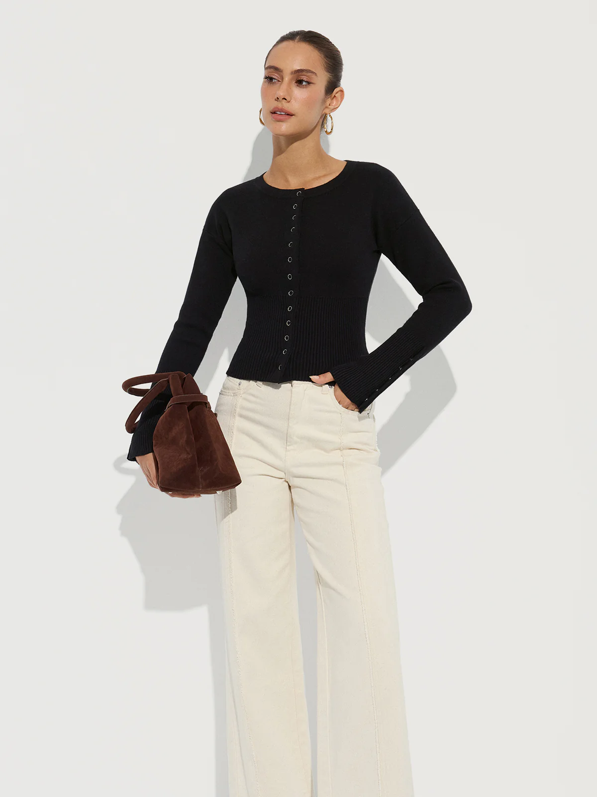 Cinched Waist Crew Neck Knit Cardigan - Wholesalesil