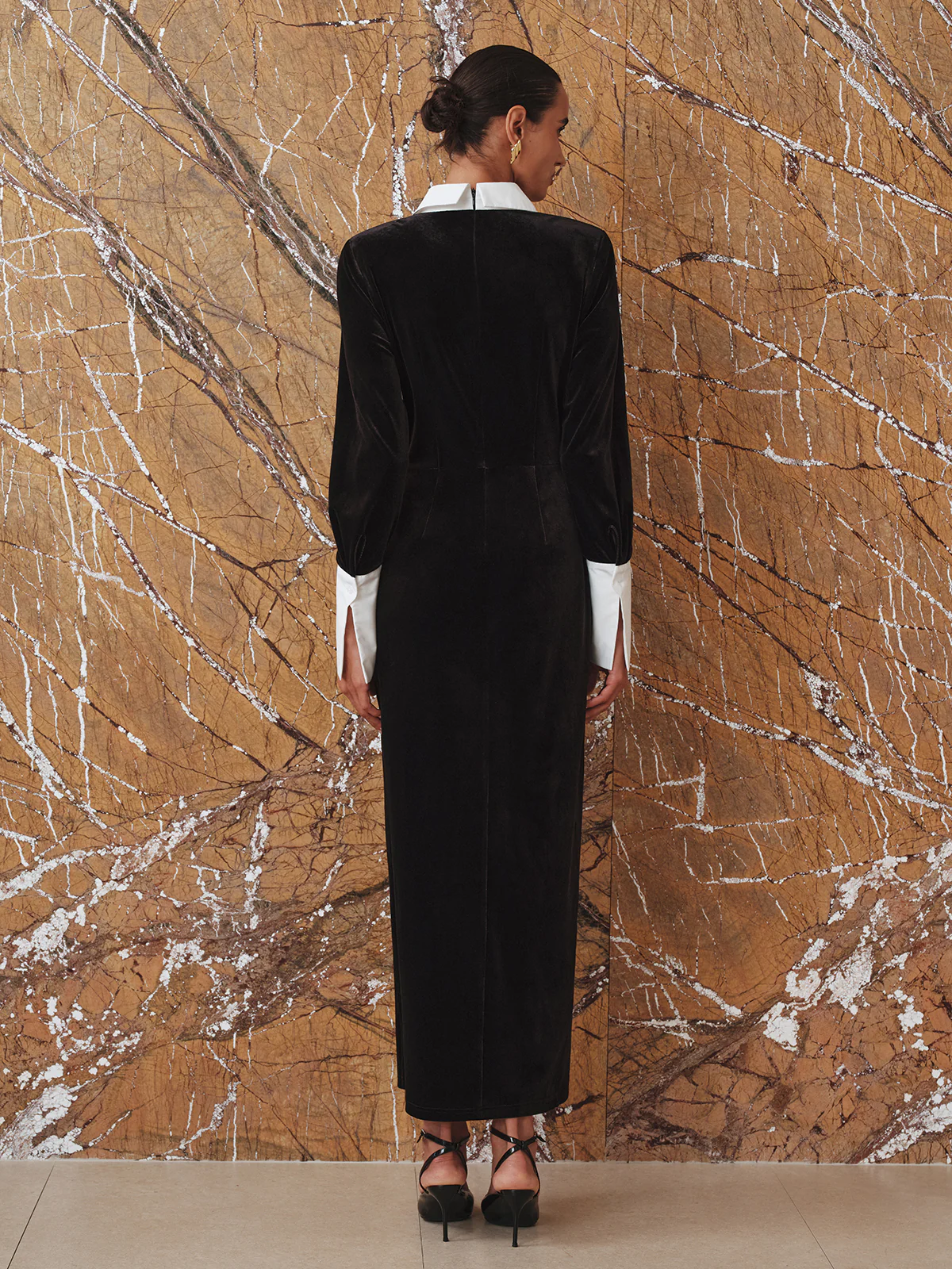 Contrast Panel Slit Long Sleeve Velvet Maxi Dress - Wholesalesil