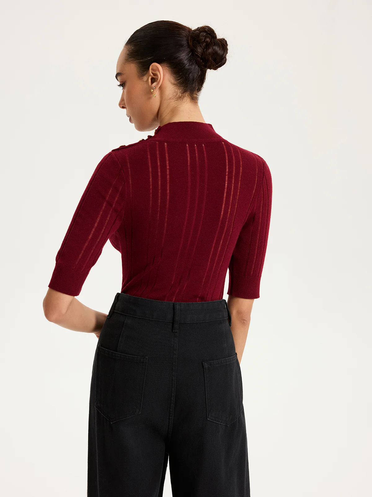 Shoulder Button Mock Neck Short Sleeve Sweater - Wholesalesil