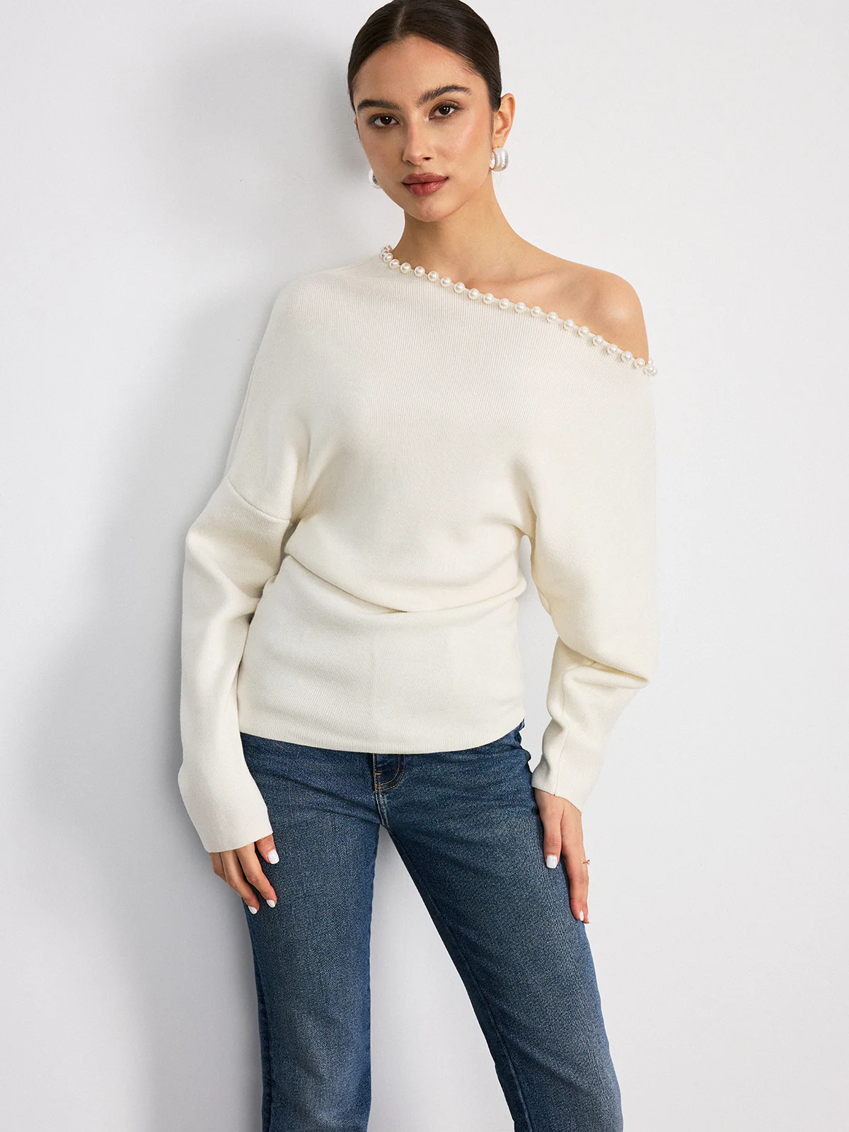 Off-Shoulder Pearl Embellished Wool Blend Sweater - Wholesalesil
