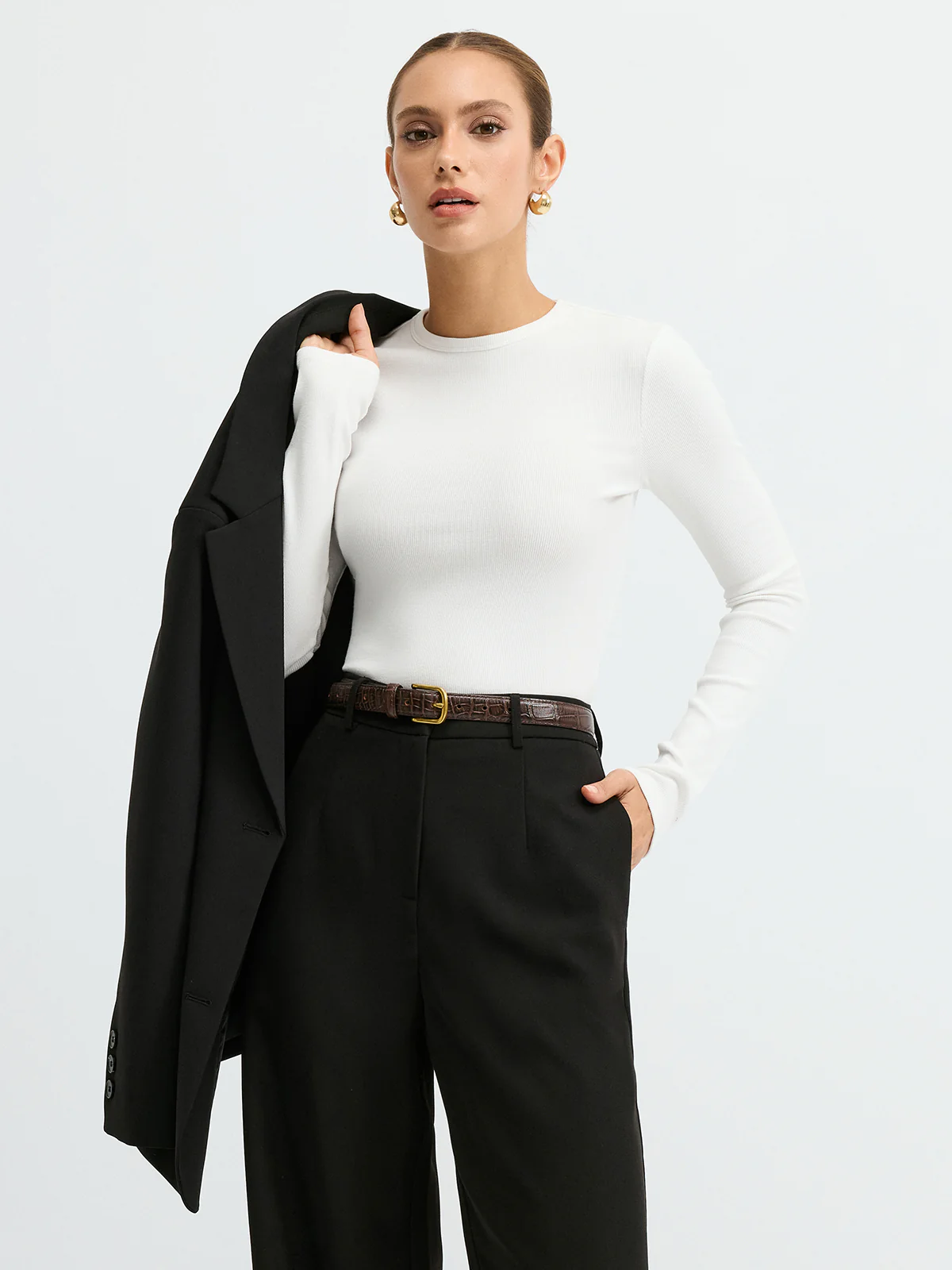 Ribbed Crew Neck Long Sleeve T-Shirt - Wholesalesil