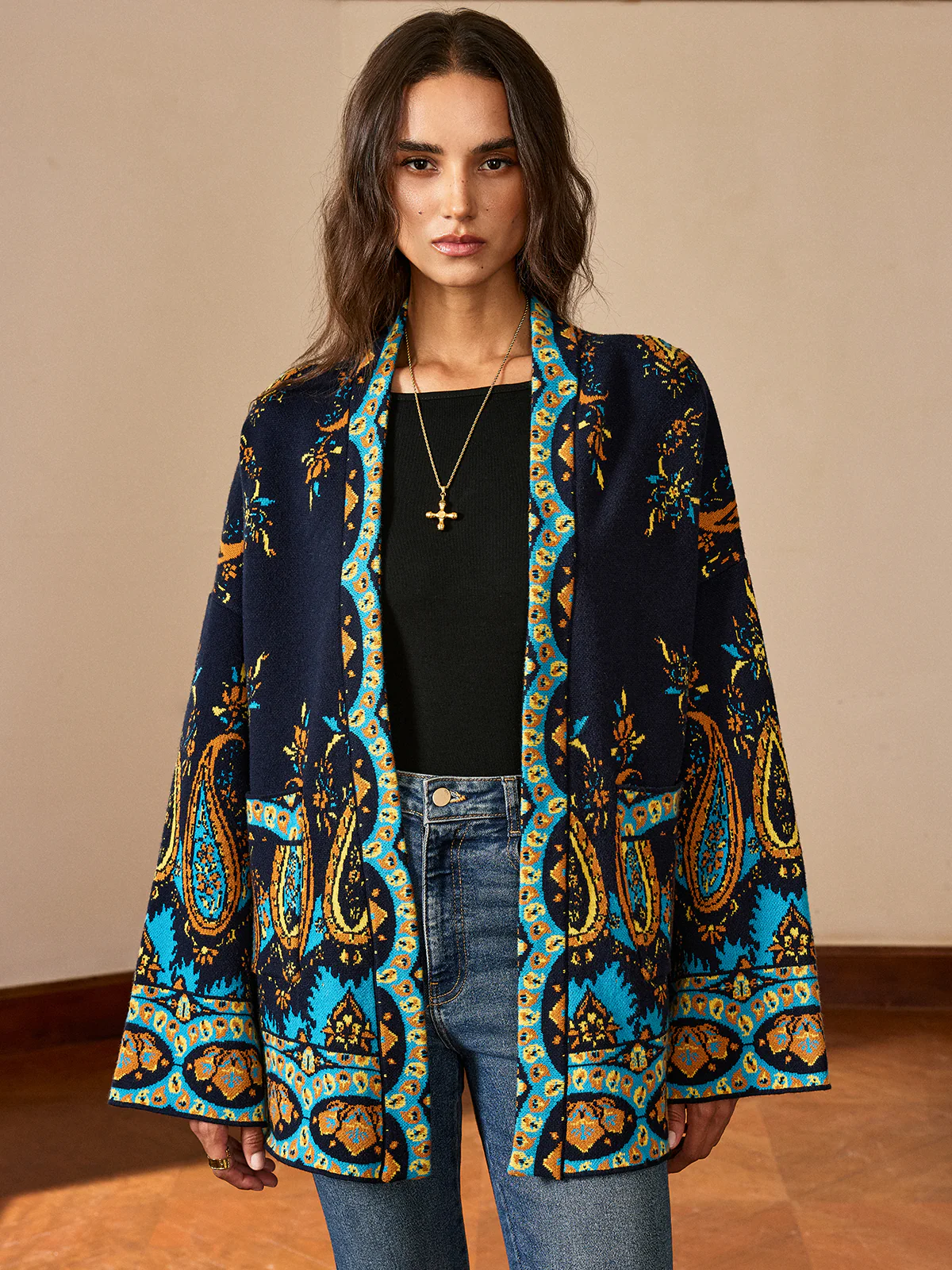Paisley Print Belted Cardigan - Wholesalesil