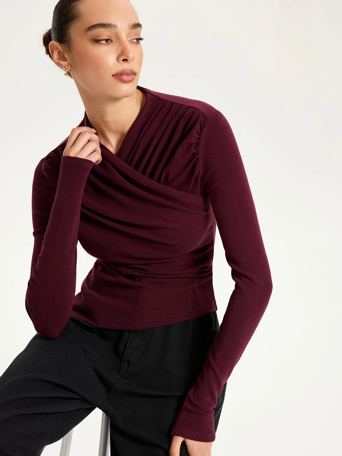 Cross Ruched Long Sleeve Top - Wholesalesil