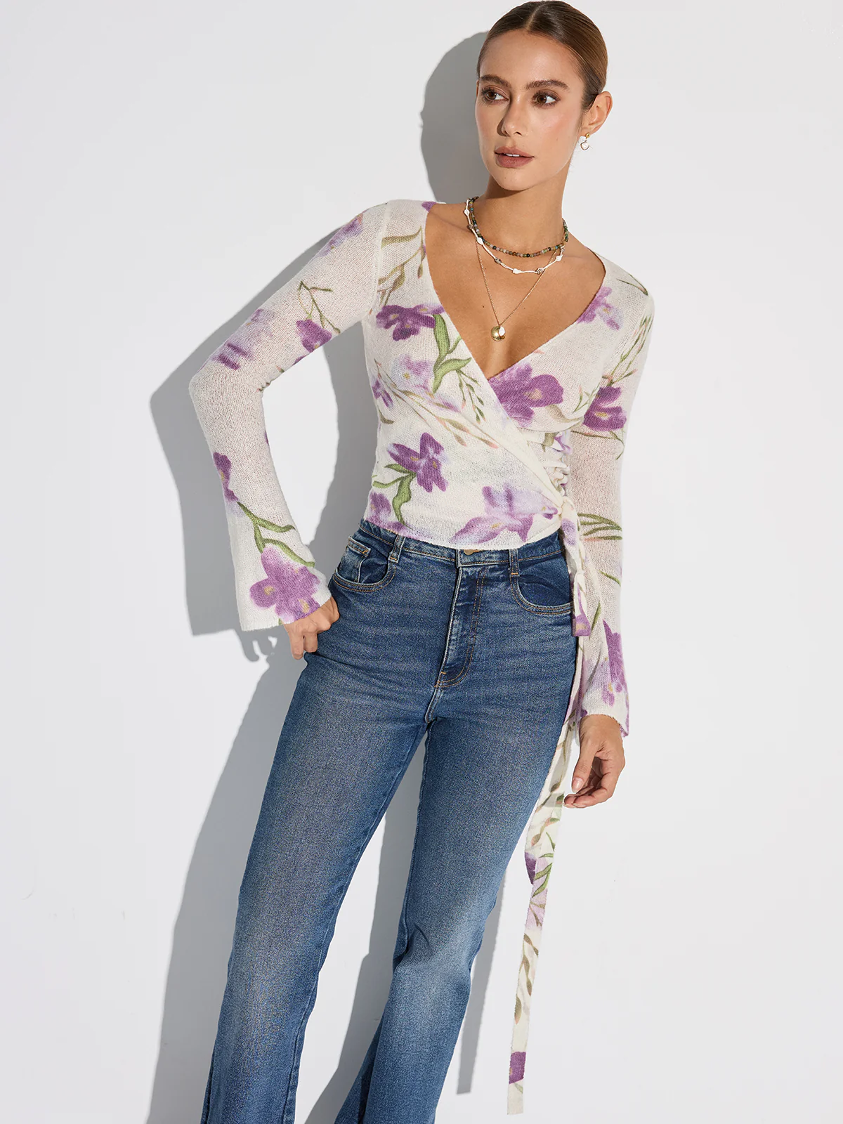 Floral Print Wrap Tie Knit Top - Wholesalesil