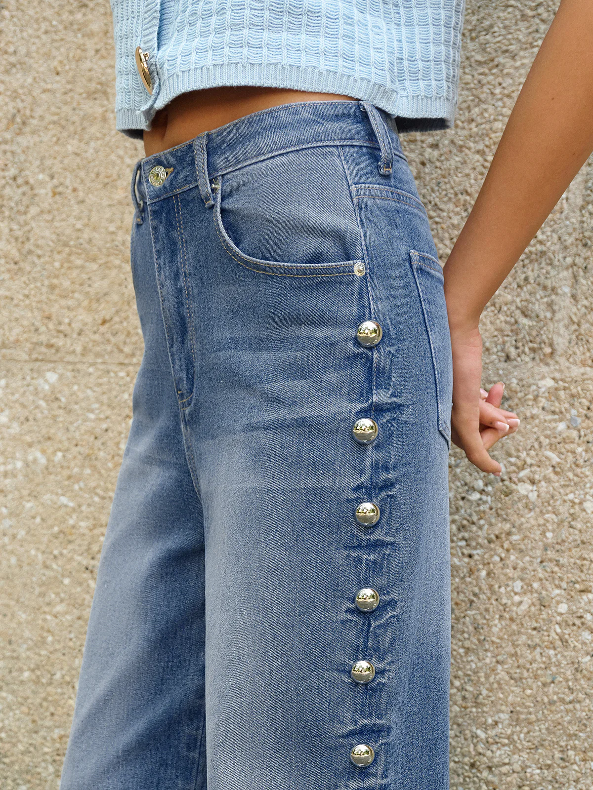 Buttoned Side Detail Pocketed Jeans - Wholesalesil