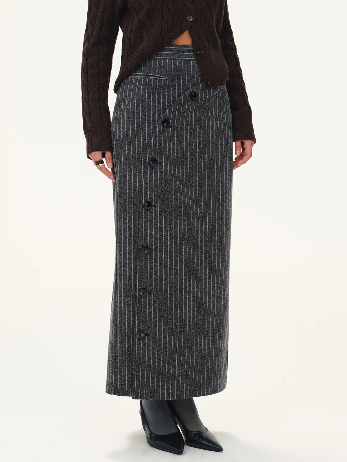 Asymmetric Button Striped Maxi Skirt - Wholesalesil