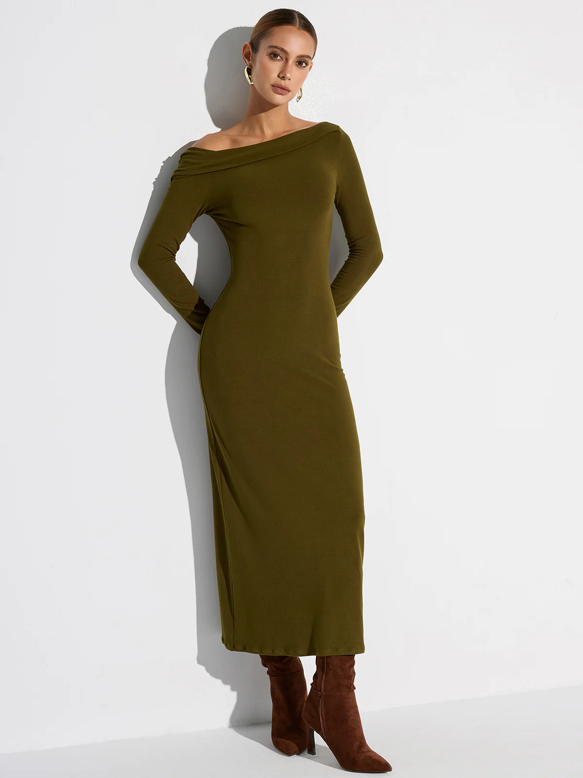Off-Shoulder Long Sleeve Maxi Dress - Wholesalesil