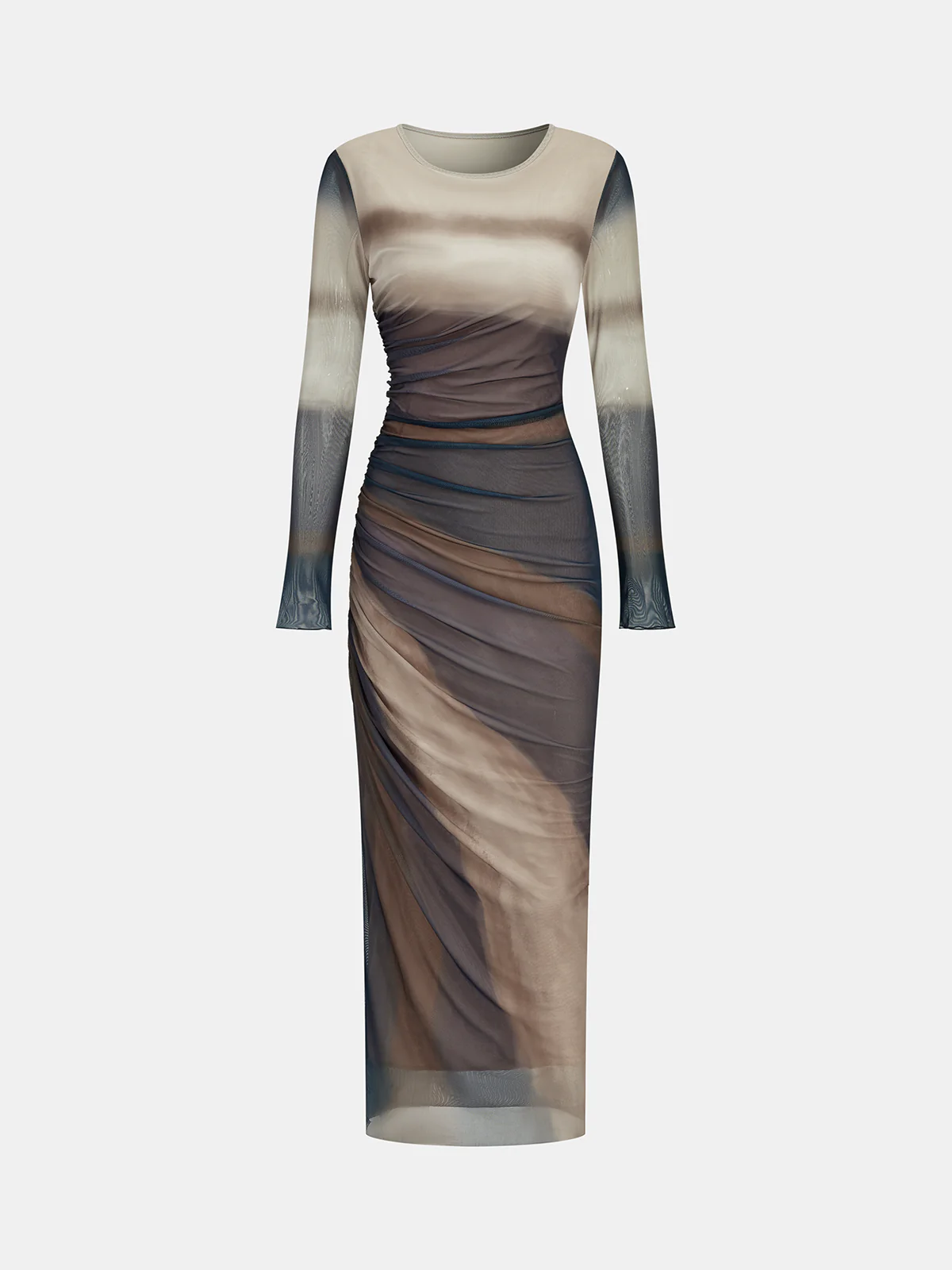 Ombre Long Sleeve Ruched Mesh Maxi Dress - Wholesalesil