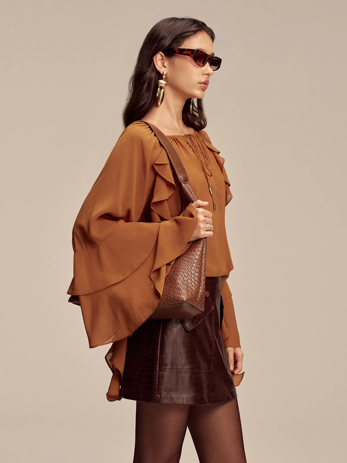 Chiffon Ruffled Tiered Sleeve Tie-Neck Blouse - Wholesalesil