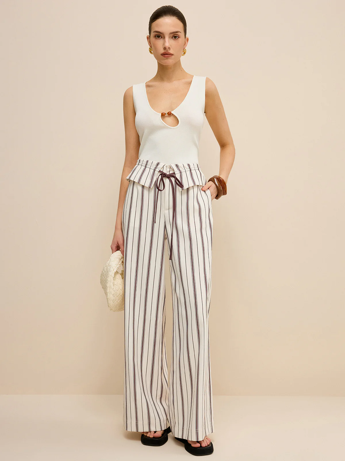 Striped Wide-Leg Pants with Peplum Waist - Wholesalesil