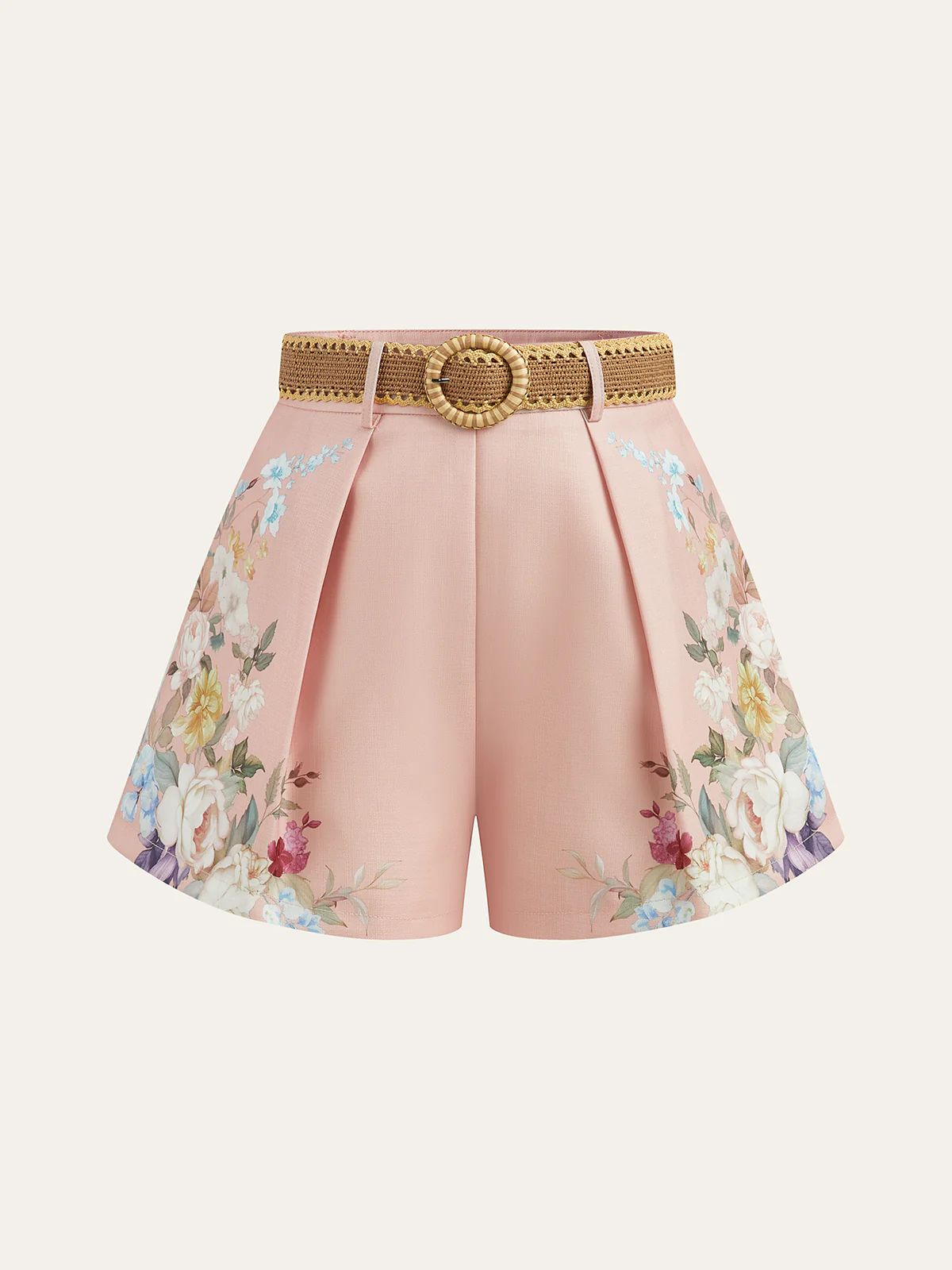 Floral Printed Belted Mid-Waist Shorts - Wholesalesil
