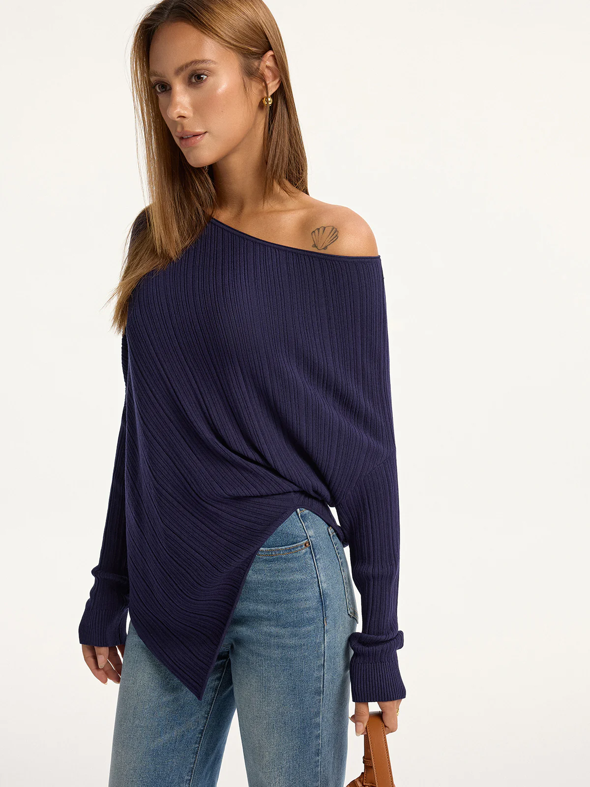 Textured Off-Shoulder Asymmetric Sweater - Wholesalesil