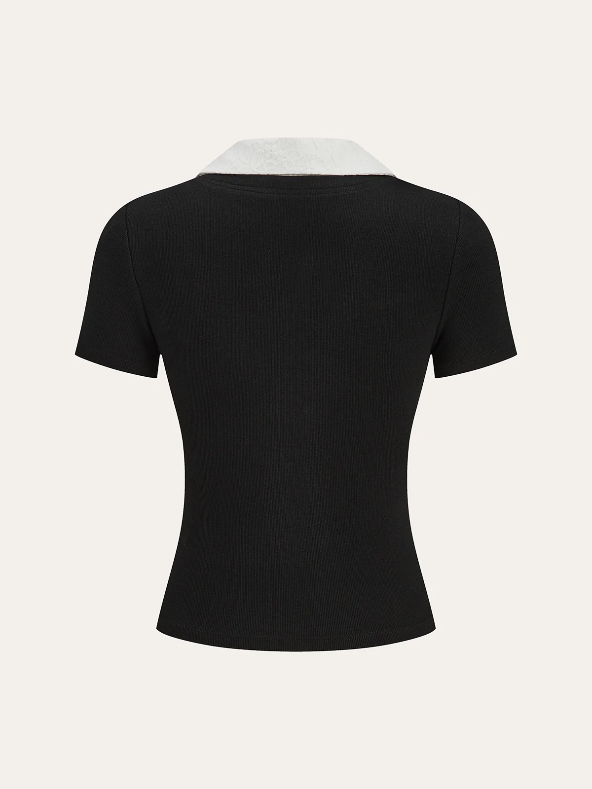 Contrast Lace Collar Cotton Blend T-Shirt - Wholesalesil