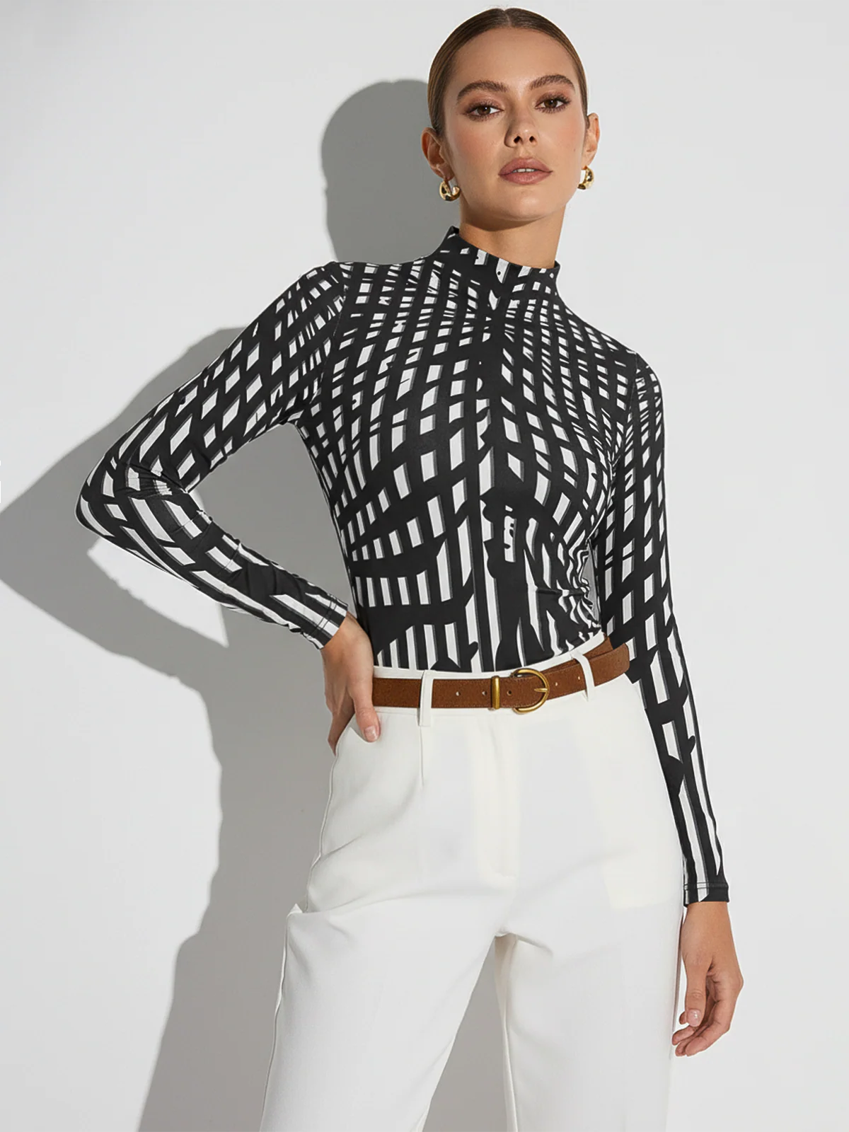 Geometric Print Mock Neck Long-Sleeve Top - Wholesalesil