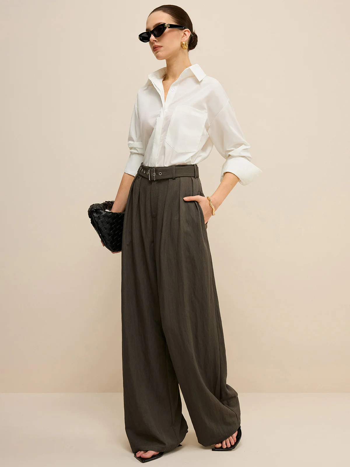 Army Green Belted Pleated Wide-Leg Pants - Wholesalesil