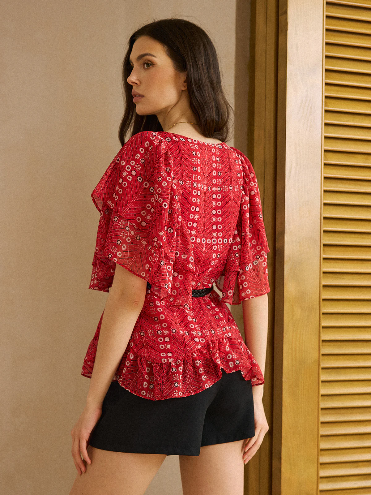 Printed Ruffled Peplum Top with Belt - Wholesalesil