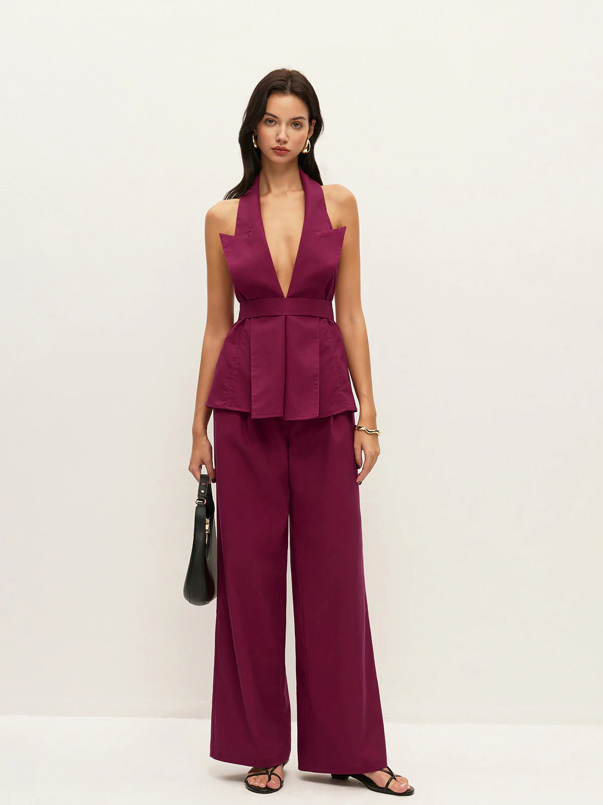 Halter Neck Belted Pocketed Pants Set - Wholesalesil