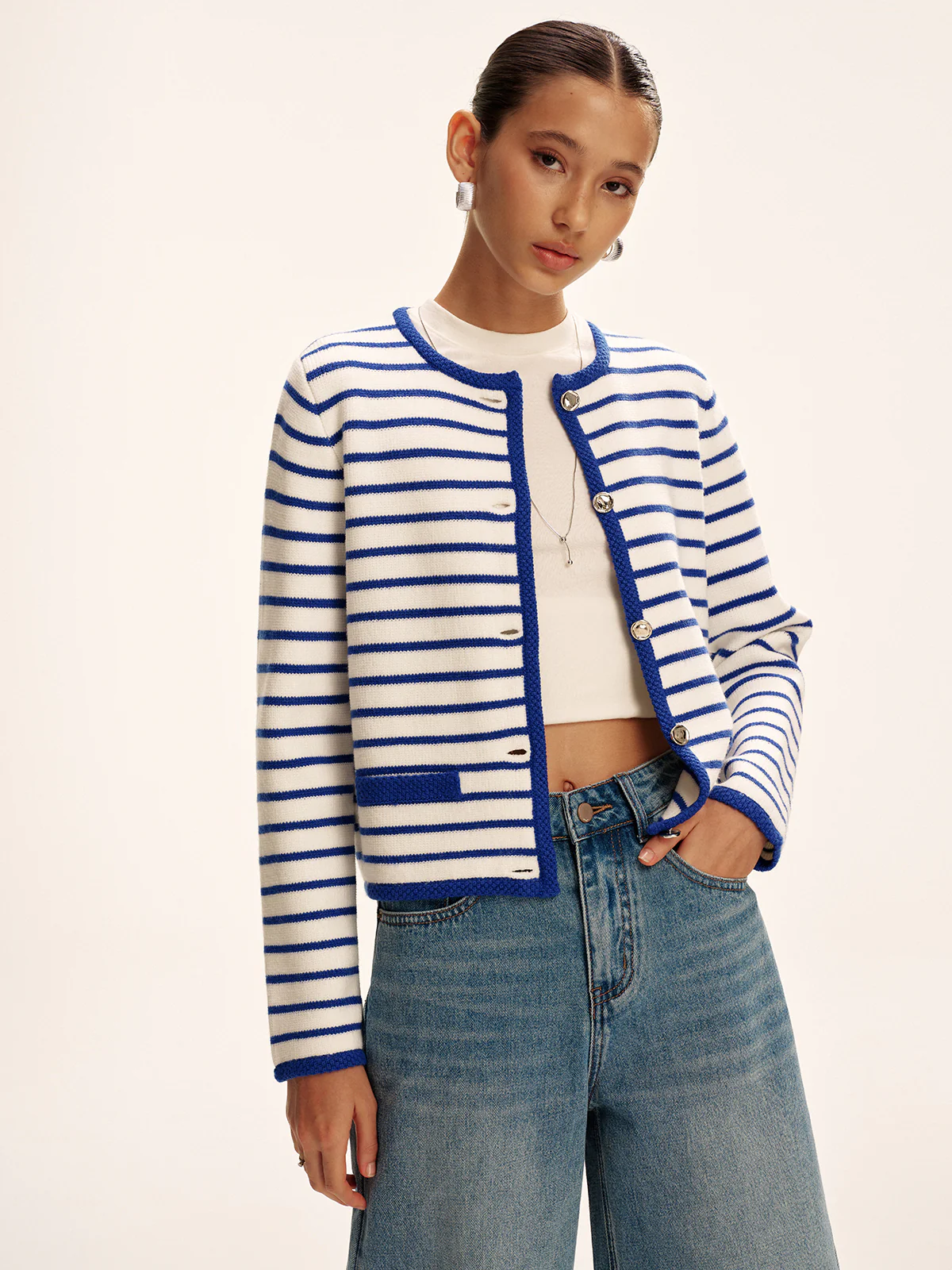 Striped Contrast Trim Knit Cardigan - Wholesalesil