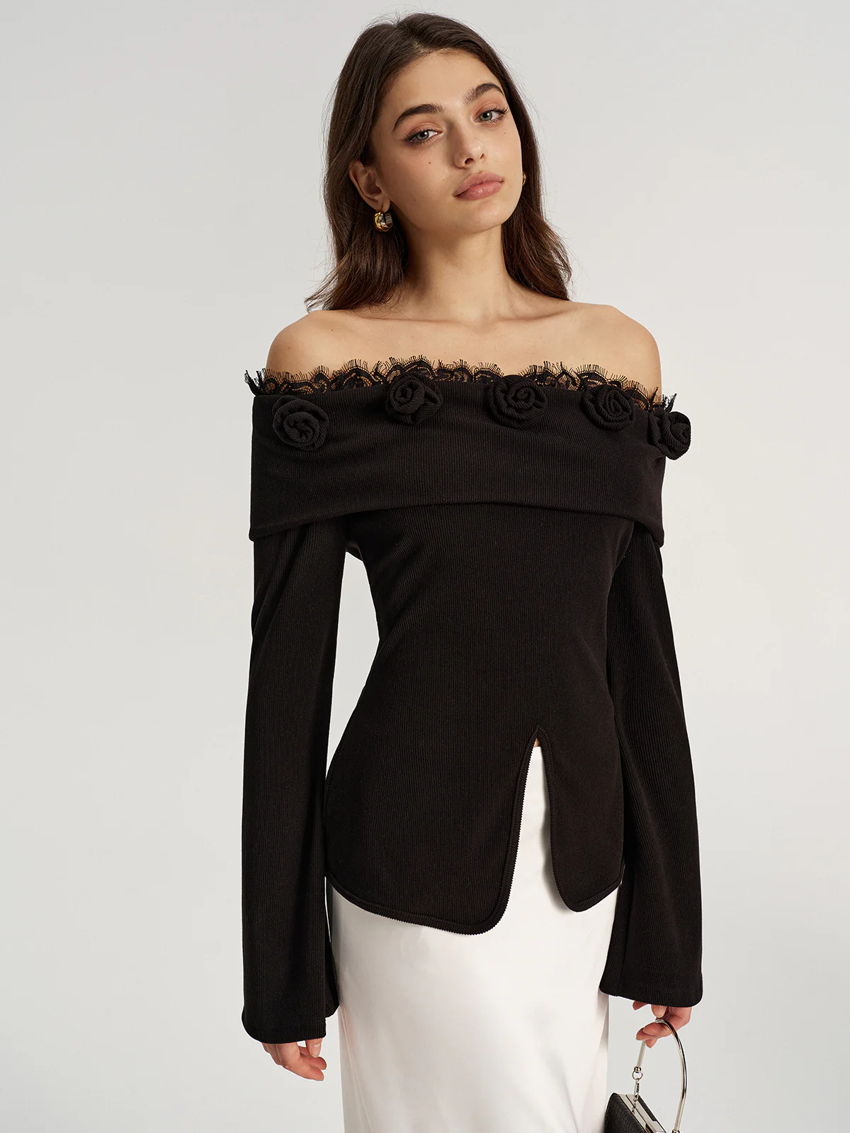 3D Rose Lace Trim Off-Shoulder Top - Wholesalesil