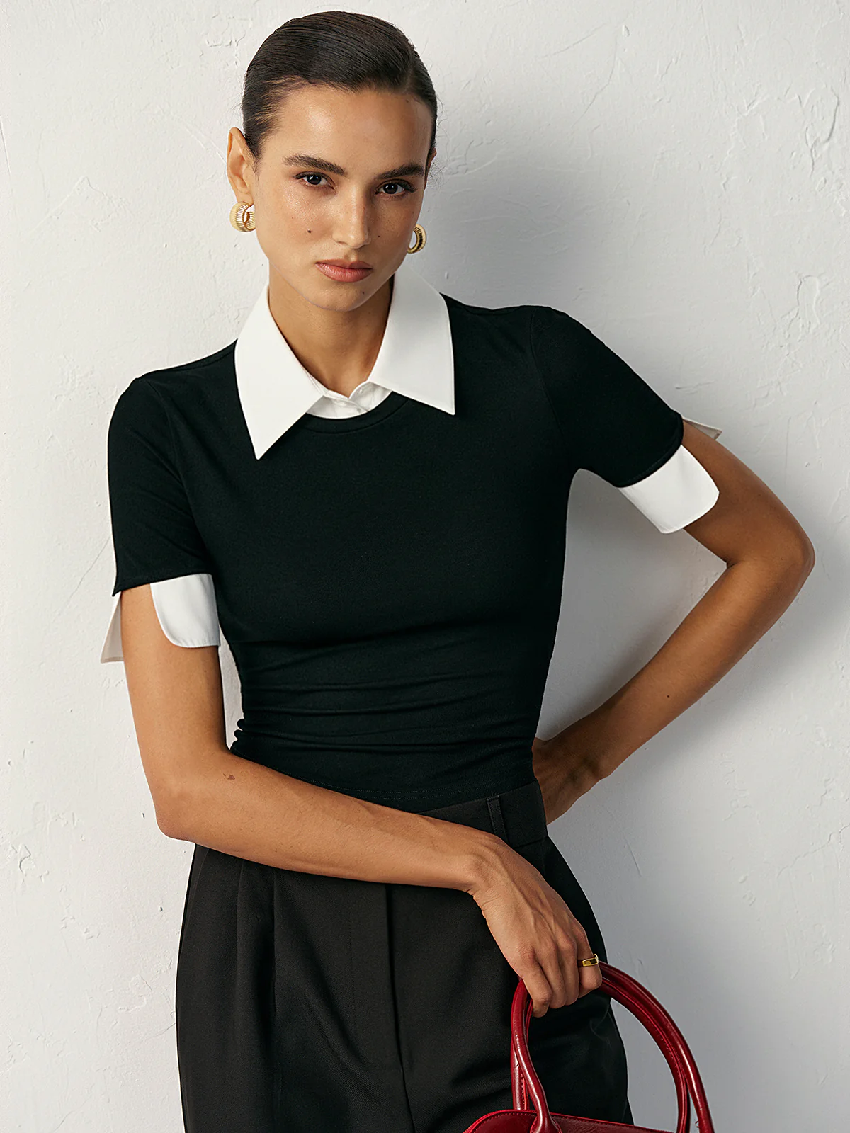 2 in 1 Paneled Collar And Cuffs Fitted T-Shirt - Wholesalesil