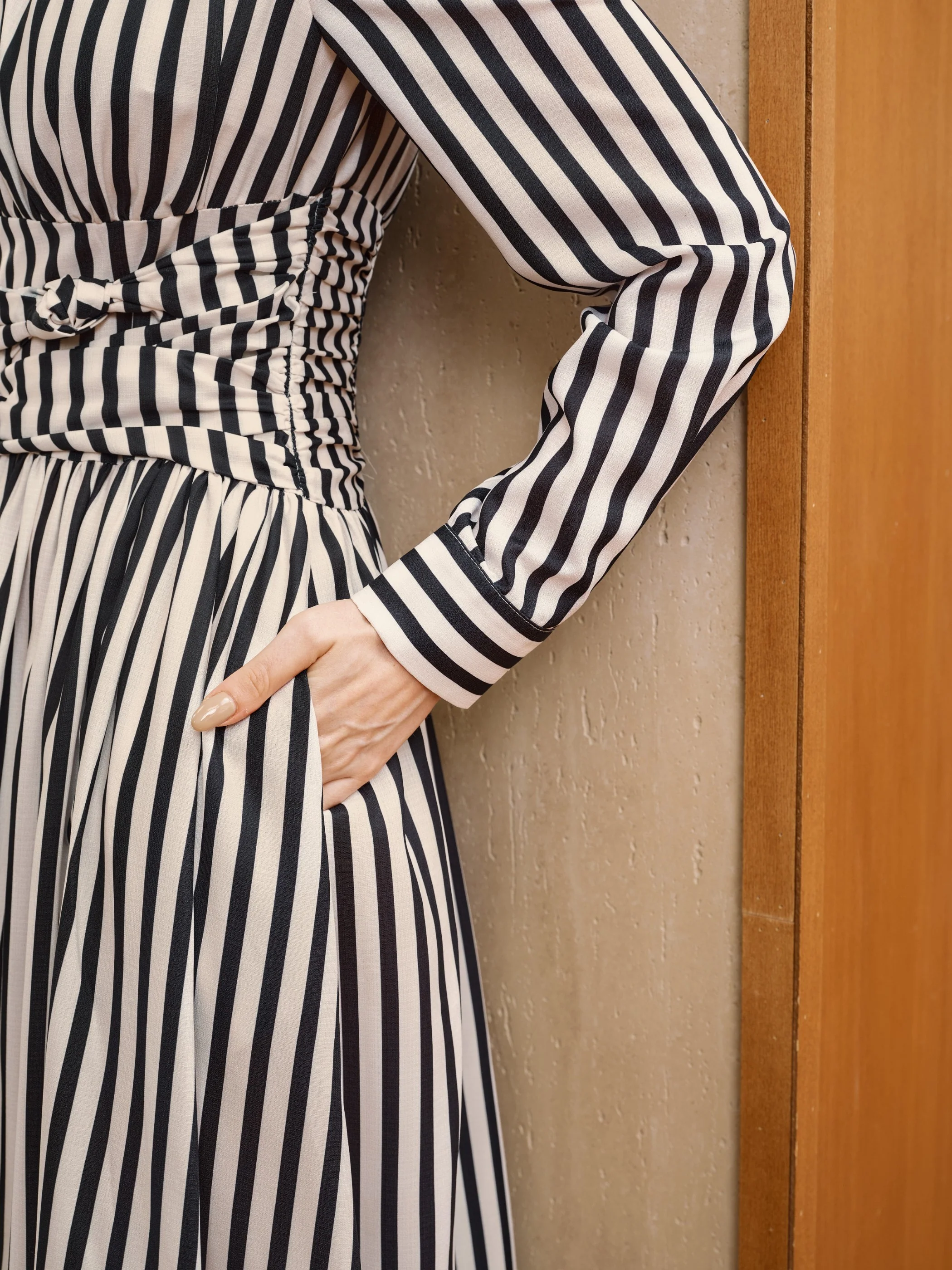 Striped Ruched Long Sleeve Maxi Dress - Wholesalesil