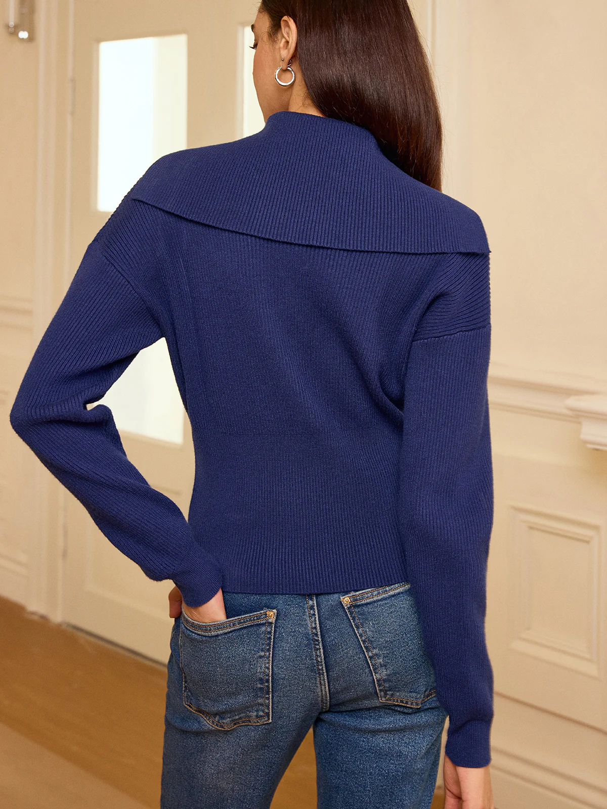 Shawl Collar Keyhole Knit Sweater - Wholesalesil