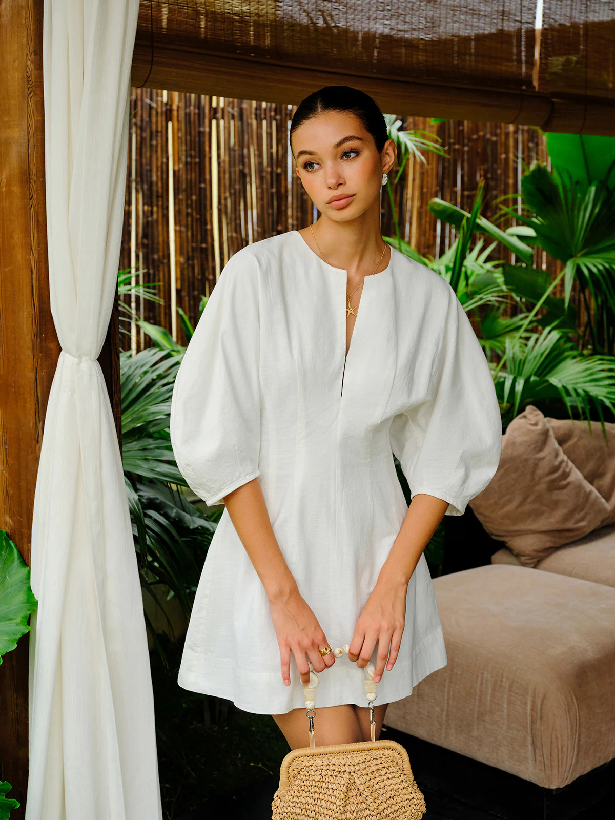 Cotton-Linen Blend V-Neck Puff Sleeve Dress - Wholesalesil