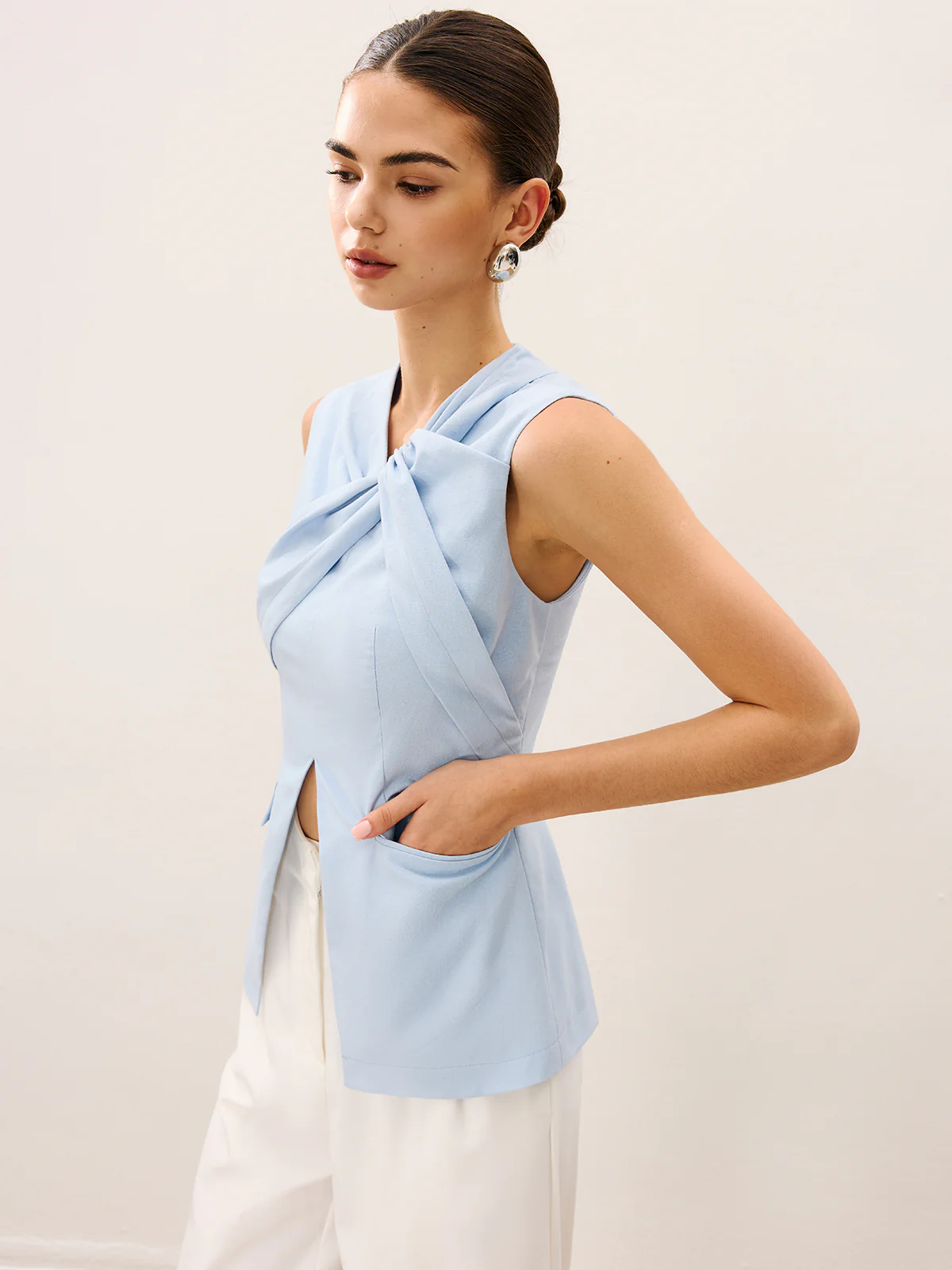 Linen & Cotton Pleated Sleeveless Vest - Wholesalesil