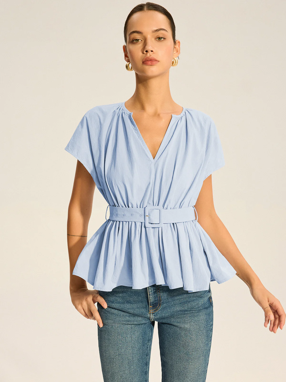 Belted V-Neck Pleated Peplum Top - Wholesalesil