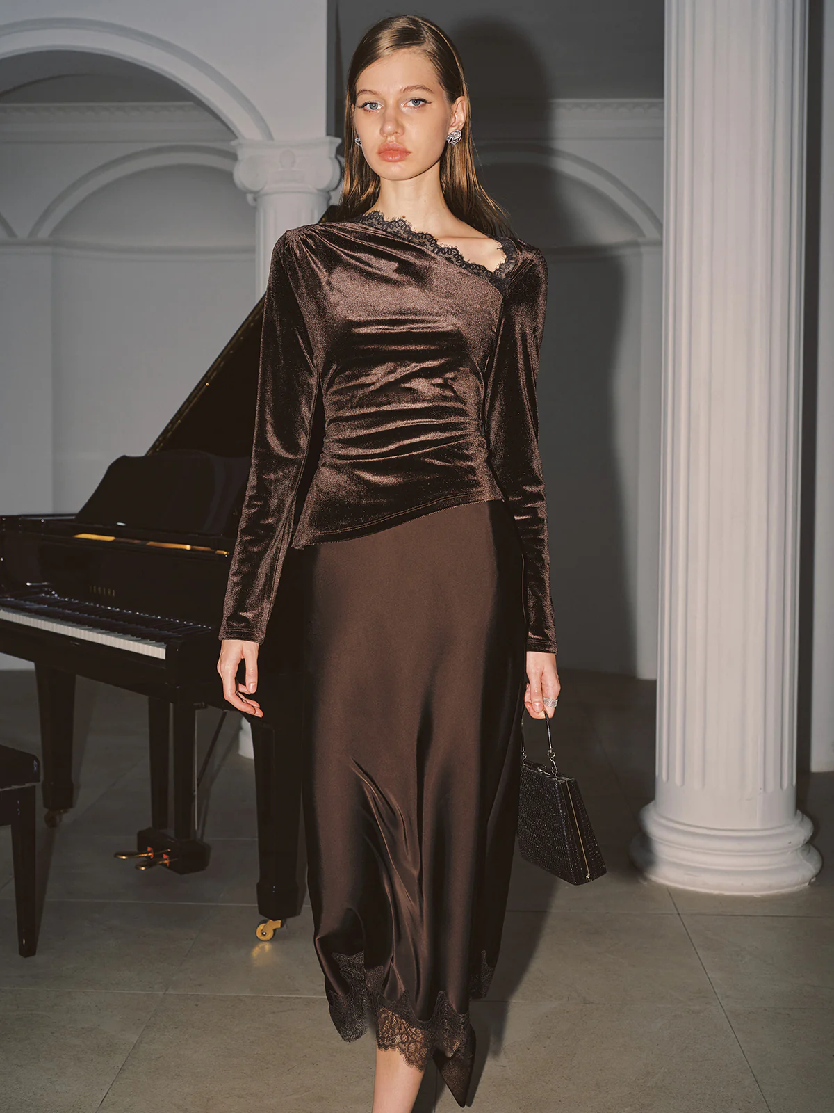 Asymmetric Lace Neckline Velvet Blouse - Wholesalesil