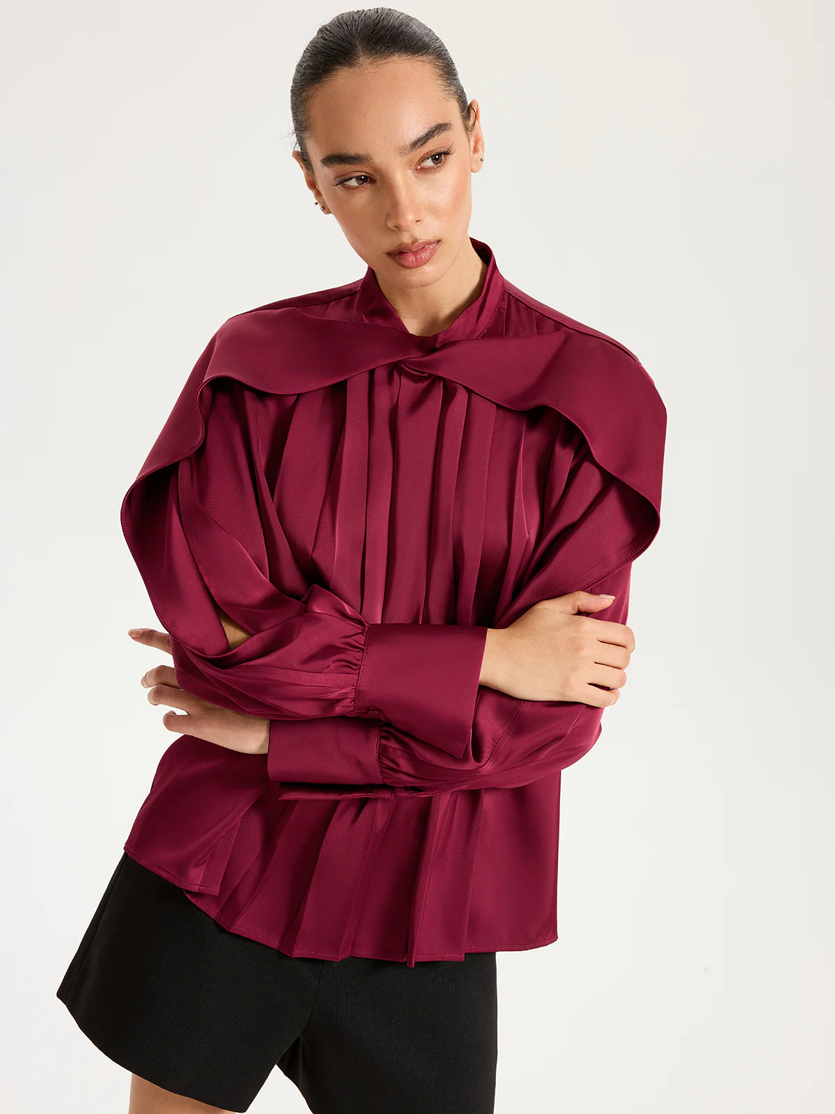 Satin Pleated Blouse with Cut-Out Sleeve - Wholesalesil