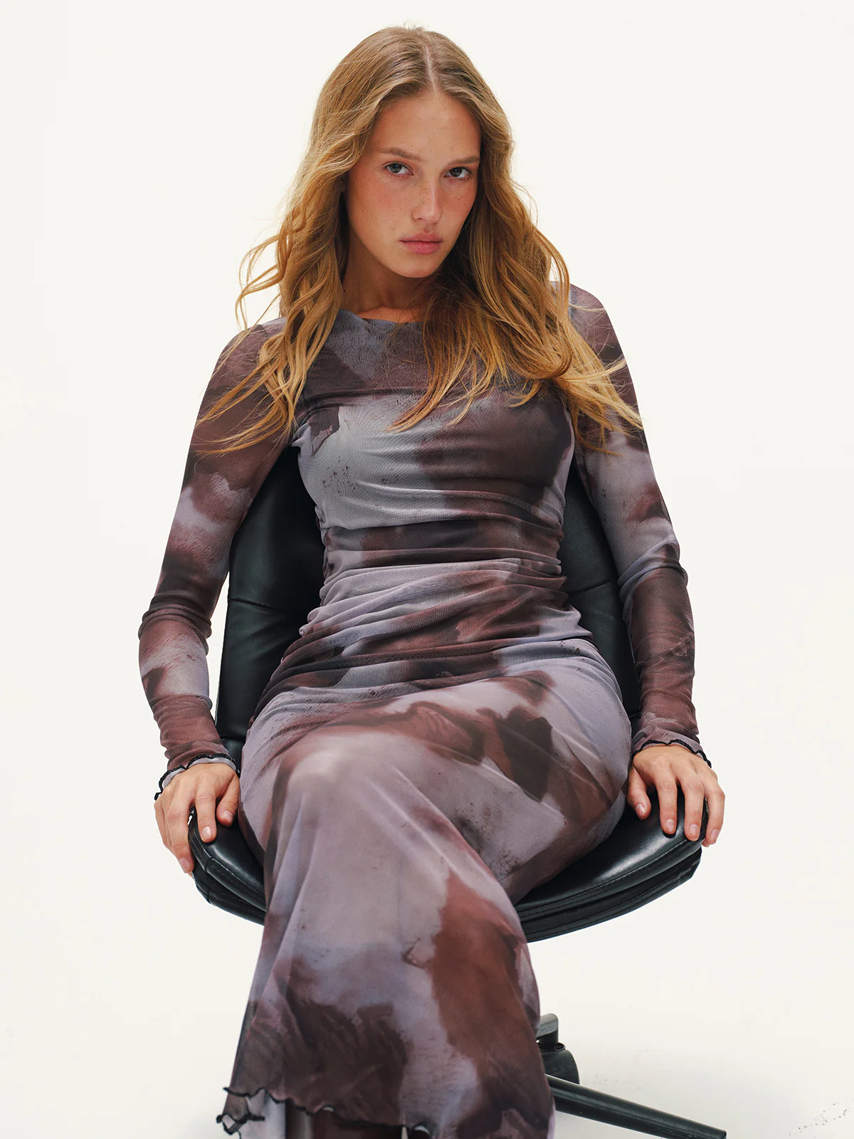 Tie-Dye Mesh Long Sleeve Maxi Dress - Wholesalesil