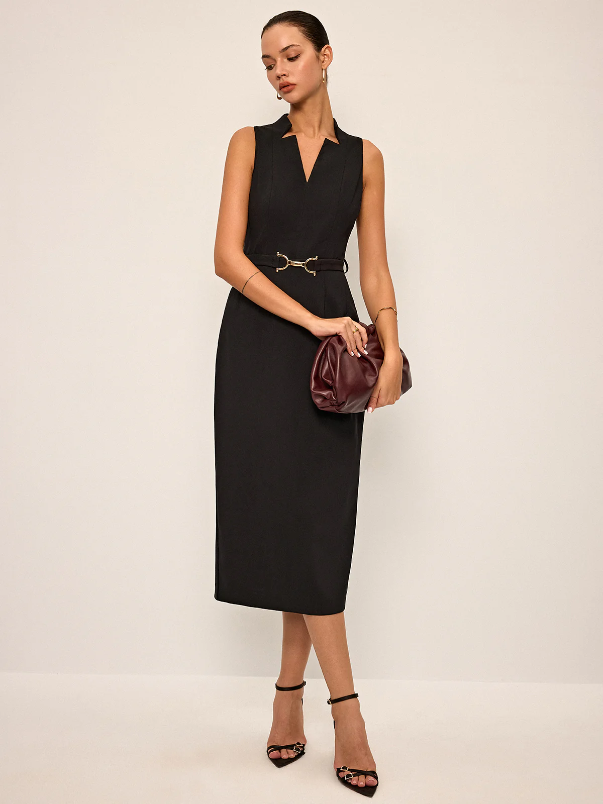 Sleeveless V-Neck Belted Midi Dress - Wholesalesil
