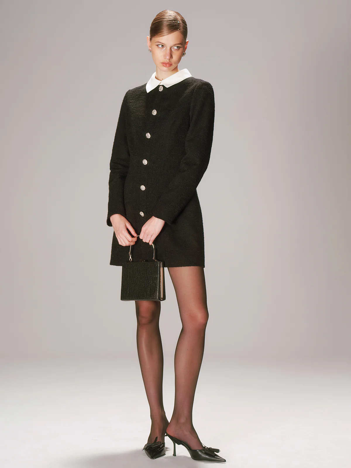 Contrast Collar Tweed Mini Dress - Wholesalesil