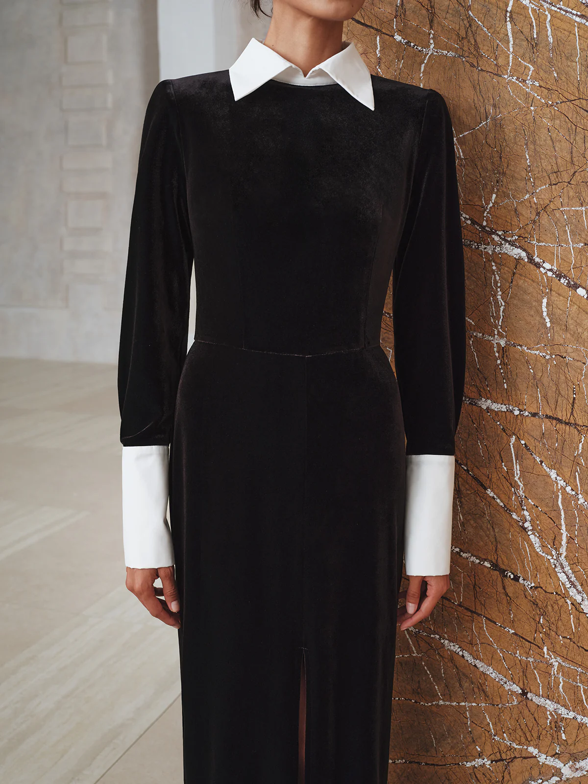 Contrast Panel Slit Long Sleeve Velvet Maxi Dress - Wholesalesil