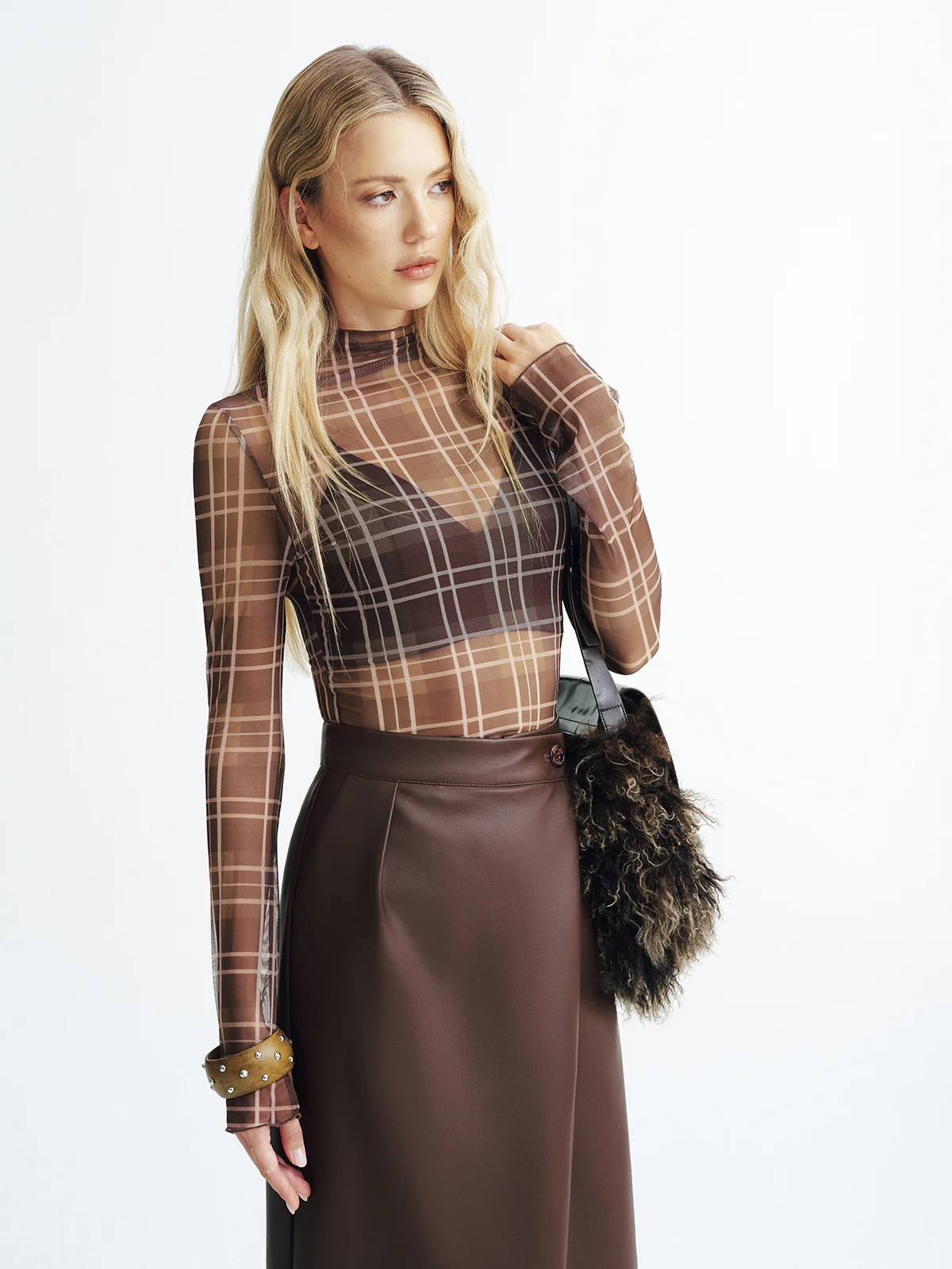 Plaid Mesh Turtleneck Blouse - Wholesalesil