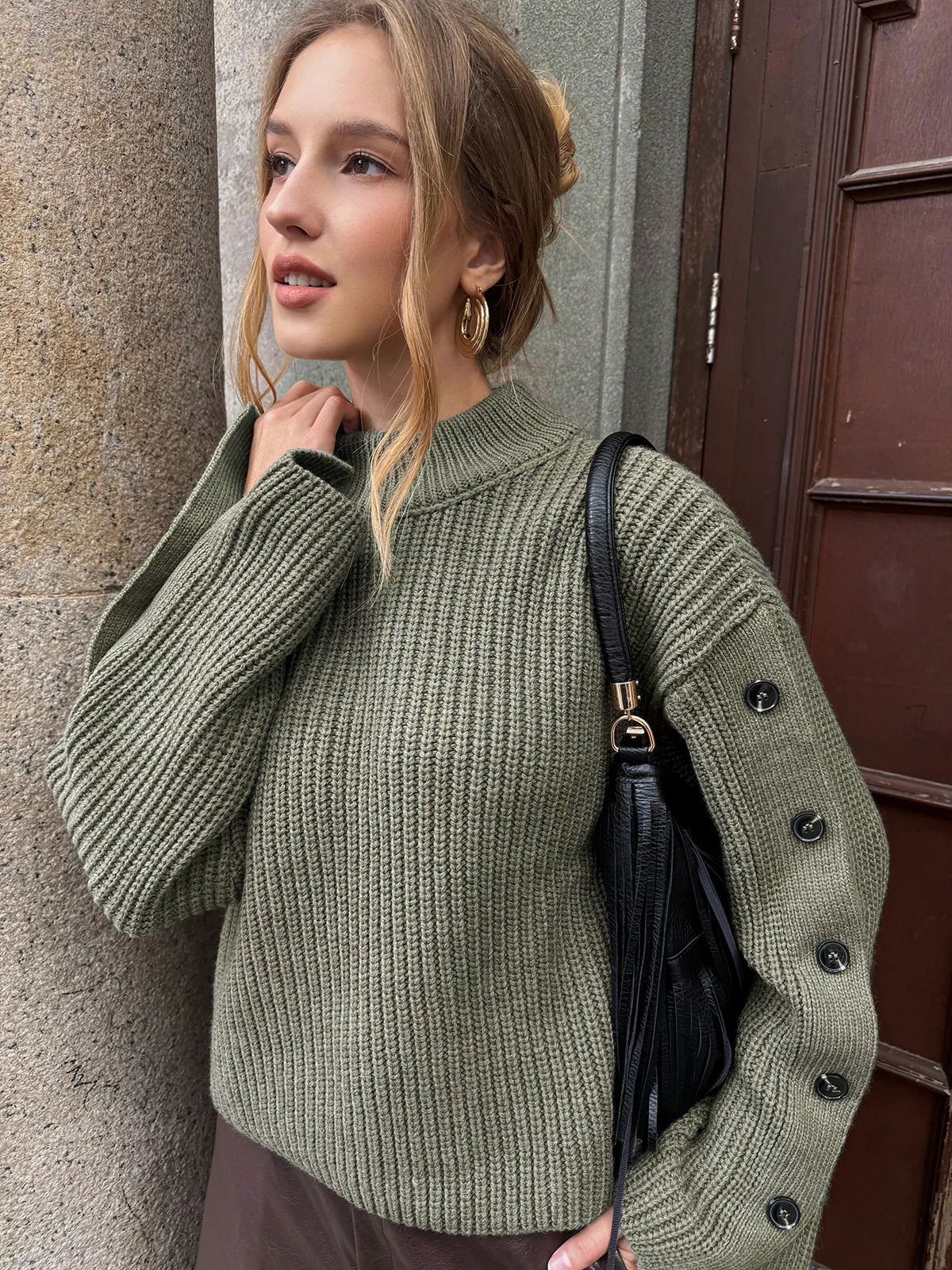 Mock Neck Button-Detail Sleeve Sweater - Wholesalesil