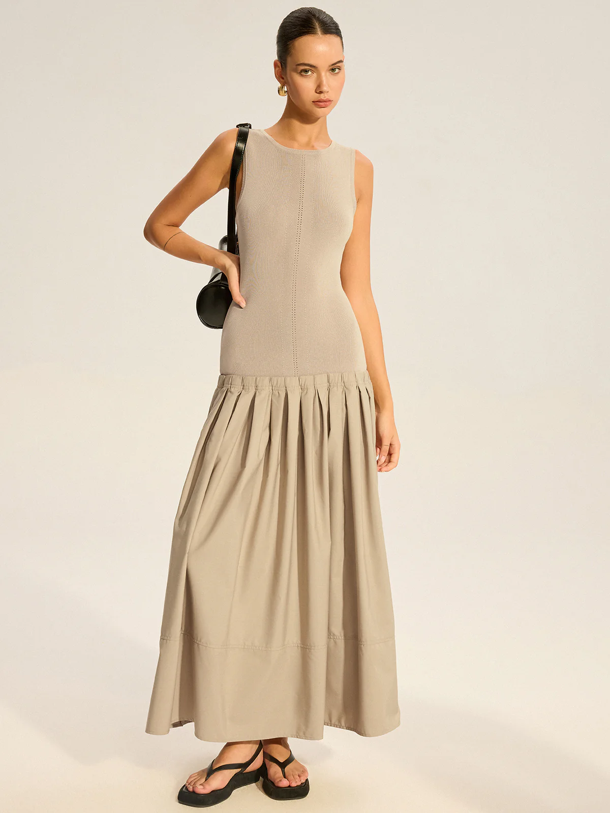 Sleeveless Knit-Top Pleated Midi Dress - Wholesalesil