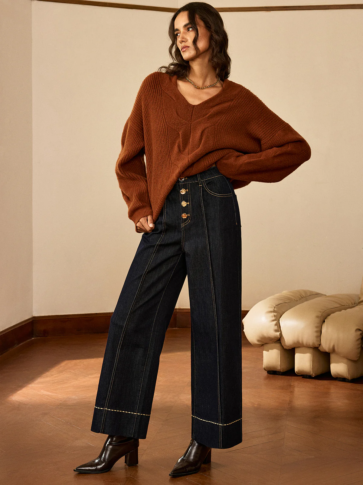 High-Waist Button Wide-Leg Denim Pants - Wholesalesil