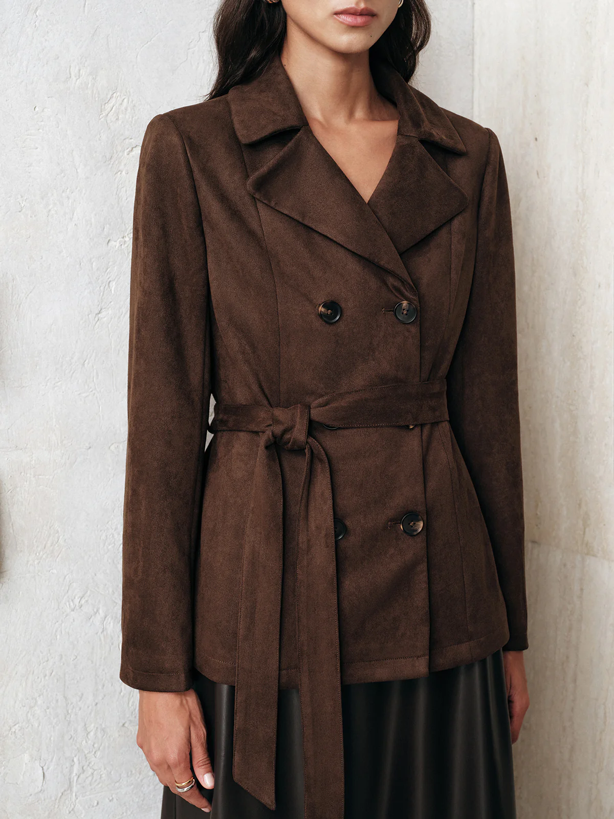 Belted Double-Breasted Suede Effect Jacket - Wholesalesil