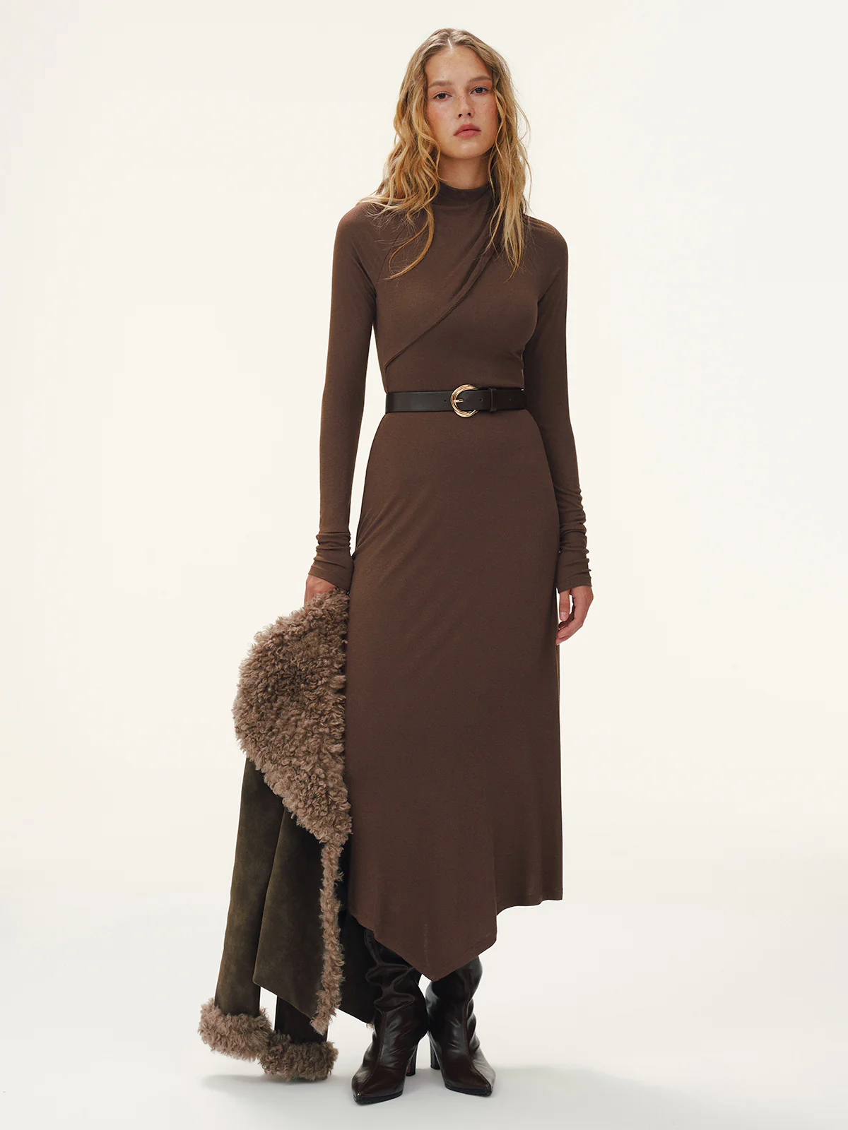 Belted Turtleneck Asymmetric Maxi Dress - Wholesalesil
